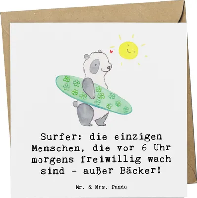 Produktbild von Mr. & Mrs. Panda Grußkarte Surfen Frühaufsteher - Weiß - Geschenk, faltkarte, Sportart, Surfer-Spirit, Strand, Leidenschaft, anlasskarte, Wellen, Sportler, Teamsport