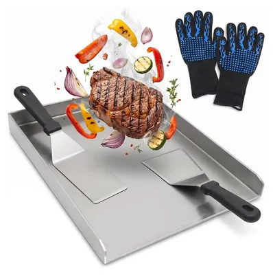 Image de Solidchoice - Plaque de cuisson en acier inoxydable avec 2 spatules et gants résistants à la chaleur, 40 x 30 cm