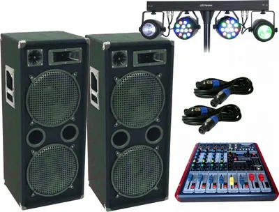 Zdjęcie produktu dla Zestaw muzyczny z mikserem, 3-drożne głośniki, statyw, kable, zestaw oświetleniowy, 2600 W