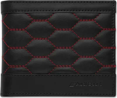 A black leather wallet with red stitching and an Audi Sport logo.