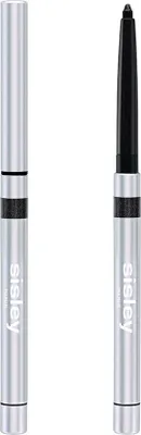A product shot of an eyeliner pencil, shown in its packaging and also with the cap removed to reveal the product.