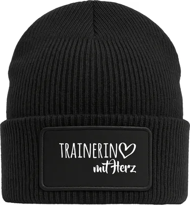 Produktbild von Huuraa Beanie Trainerin mit Herz Black doppellagige Polyacryl Mütze mit Patch Geschenkidee
