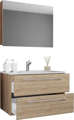 Obrázek produktu pro 3-TLG. Umývárna: umyvadlová deska | umyvadlo | spodní skříňka, šířka 80 cm | koupelnový set, závěsný, se dvěma zásuvkami, skříňka se zrcadlem | doplňky do koupelny