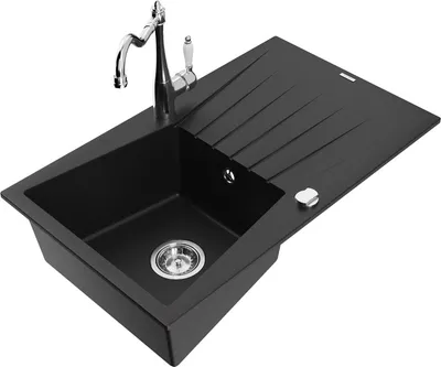 Produktbild von Mexen Cesar 1 Becken-Granitspüle mit Abtropffläche und Mischbatterie Carla, Schwarz - 6514-77-670700-00