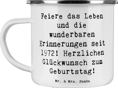 Produktbild von Mr. & Mrs. Panda Haferl Spruch 1972 Geburtstag - Weiß - Geschenk, Emaille Becher, Teetasse, liebevoll handgefertigte Produkte, Pott, Alter, 50., Blechtasse, Geburtsjahr