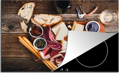 Produktbild von KitchenYeah© Herdabdeckplatte Schneidebrett mit Käse und Fleisch , 80x52cm, Küche Deko, Glaskeramikkochfeld Herdabdeckung, Abdeckplatte fùr Kochfeld