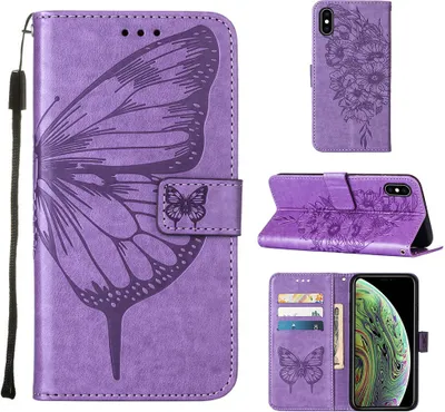 Produktbild von iPhone XS Max Hülle, Schmetterling Prägung Flip Leder Kartenfächer Schutzhülle Ledertasche mit Ständer für iPhone XS Max Violett