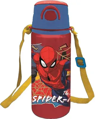 Obrázok produktu pre Fľaša na detskú vodu z hliníka s objemom 730 ml s remienkom, držadlom, uzáverom a slamkou Spiderman