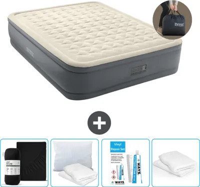 Produktbild von Intex Luftbett - 2 Personen - 152 x 203 x 46 cm - Grau - Inklusive Pumpe - Spannbettuch - Küssen - Reperaturset en Kissenschutz