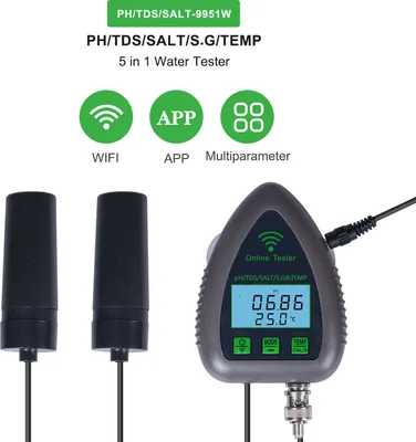 Produktbild von 9951W Bluetooth Wifi Cyfrowy tester jakości wody Mini 5 w 1 Analizator wody PH / TDS / SALT / SG / Temperatura APP Zdalne monitorowanie Powiadomienia alarmowe dla wody pitnej Akwarium Laboratorium hydroponiczne