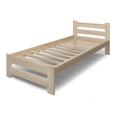 Produktbild von Holzbett 100x200 cm mit Lattenrost Modern Bett Bed Kiefer Massiv Bettgestell Einzelbett Massivholzbett Klassisch | Boho Landhaus Kopfteil mittel natur