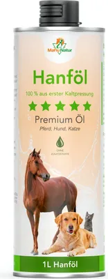 Produktbild von Hanföl für Hunde & Pferde 1 Liter | 100% Kaltgepresst - Natürlicher Barf Öl Zusatz - Über 80 % Ungesättigte Fettsäuren (Omega 3 & Omega 6) Für Haut + Fell | 1000 ml In Recyclebarer Dose