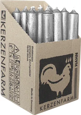 Produktbild von Stabkerzen aus Paraffin, 180/22 mm, Rustikal, Silber, KERZENFARM HAHN, Brenndauer ca. 8h, 16 Stück pro Verpackung