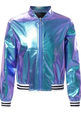 A metallic bomber jacket with iridescent blue, purple, and teal colors, featuring a zipper and striped cuffs.