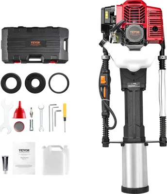 A collection of items for a post driver, including the main tool, accessories, and a carrying case.