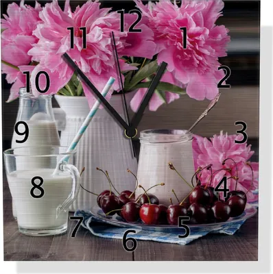 Produktbild von Wallario Design Wanduhr Milch mit Kirschen zum Frühstück mit rosa Blumenarrangement aus Aluverbund, Größe 30 x 30 cm