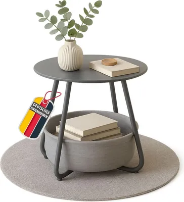 Produktbild von Couchtisch KOSI Grau aus Metall Ø 45 x 45 cm mit Aufbewahrungskorb Canvas, Beistelltisch rund mit Ablage - Wohnzimmertisch im Vintage Style, Sofatisch , Gartentisch mit Stoffkorb, zerlegt