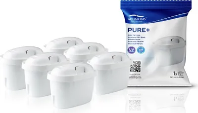 A set of six white water filter cartridges and a package of one filter cartridge.