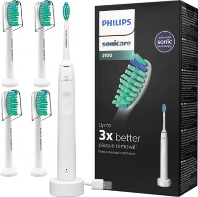 A product box for a Philips Sonicare electric toothbrush, with the toothbrush and replacement heads shown.