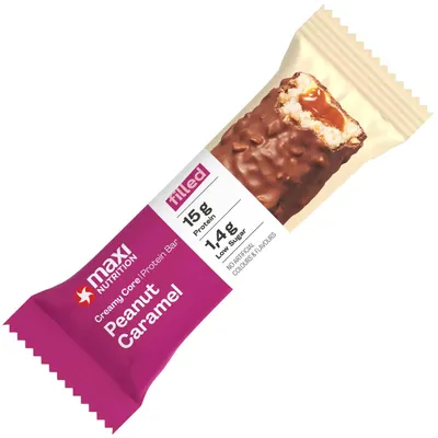Produktbild von Maxi Nutrition Creamy Core, Karamell, Erdnuss, 46 g, Molkenprotein, Milcheiweiß (Calcium-Caseinat, Molkenproteinisolat), Süßungsmittel (Maltit, Sucralose),..., 182 kcal, 404 kcal