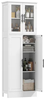 Image de Armoire de salle de bain haute - Meuble haut - Étagères réglables - Portes en verre et en bois - 60x30x170 cm - Vert armée