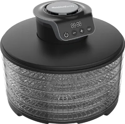 A black food dehydrator with clear trays is shown against a white background.