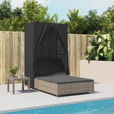 Produktbild von Maison Exclusive - Doppel-Sonnenliege mit Dach und Vorhängen Grau Poly Rattan