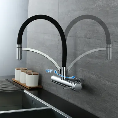 Produktbild von Wasserhahn Küche HOMELIVE Wandmontage 180°Schwenkbar Mischbatterie Küche Schwarz Küchenwasserhahn Wandarmatur Flexibel Einhebel Spülarmaturen