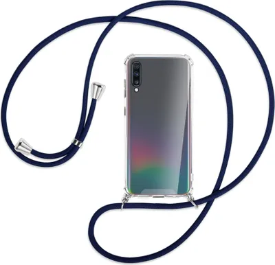 Produktbild von Handykette Backcover-Schutzhülle mit Band (Metall silberfarben) für Samsung Galaxy A70 - dunkelblau