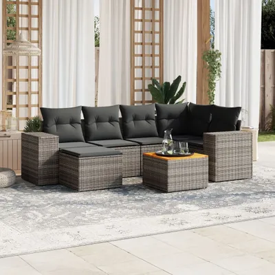 Produktbild von Design 7-tlg. Garten-Sofagarnitur mit Kissen Grau Poly Rattan, Gartenmöbel-Sets 2024 Neu