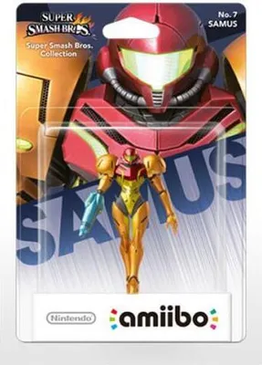 A product packaged for sale, showing the amiibo figure of Samus from Super Smash Bros.