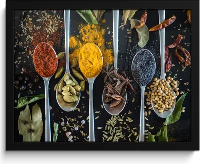 Produktbild von MuchoWow® MuchoWow® Gerahmtes Poster Gewürze - Löffel - Schwarz - Küche 40x30 cm - Poster mit zchwarzem Bilderrahmen - Kunstposter - Wanddekorationen
