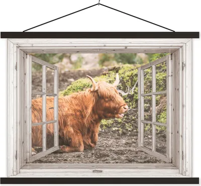 Produktbild von MuchoWow® Textilposter Schottisches Hochlandrind - Durchblick - Tier - Natur 120x90 cm mit schwarzem Rahmen - Aufhänger für Poster