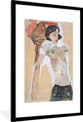 Produktbild von MuchoWow® Gerahmtes Poster Liegendes halbbekleidetes Mädchen - Gemälde von Egon Schiele 60x90 cm - Poster mit Schwarzem Bilderrahmen Wandposter Rahmen Foto Bilder - Dekoration - Wandposter Wohnzimmer - Hochwertig