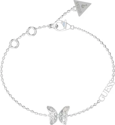 A silver-colored bracelet with a butterfly charm, set against a white background.