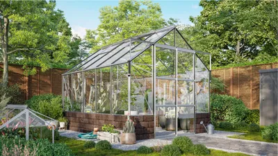 Produktbild von Vitavia Gewächshaus "Cassandra 8300" aluminium eloxiert 8,3 m² mit Sockelmauer in herbstlaub, 3 mm ESG