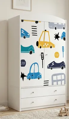Image de Armoire pour enfant blanche moderne, 2 portes et 2 tiroirs, armoire pour chambre d'enfant avec tringle à vêtements, 88 x 187 cm, voitures