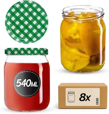 Produktbild von KADAX Einmachgläser mit Deckel "Senna", Marmeladengläser, Einweckgläser, 540 ml, Grün kariert, 8 Stück