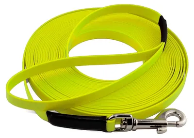 Produktbild von Leichte BioThane Schleppleine, 16 mm, für Hunde von 25-35 kg, 8 m lang, mit Handschlaufe, Neon-Gelb, genäht
