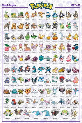 A collage of many different Pokemon characters from the Sinnoh region, arranged in rows and columns on a white and light purple background.