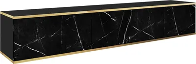 A long, black TV cabinet with a marble pattern and gold trim, shown against a white background.