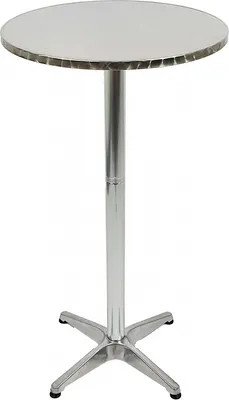 A silver bistro table with a round top and a four-legged base, shown against a white background.