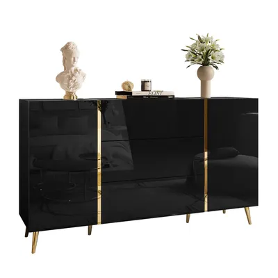 Produktbild von Kommode mit Schubladen ONYX Schwarz   auf goldenen Beinen Hochglanz 158 cm