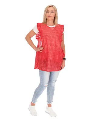 Produktbild von Chasuble Kasack Überwurf Schürze Dederon Nylon Nostalgie Rüsche Punkte, Größe:S, Farbe:rot mit weißen Punkten
