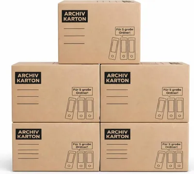 Produktbild von BURI Archivkarton Aktenkarton 5er Set für 5 große A4 Ordner, stabiler Archivbox aus Wellpappe mit Steckdeckel, stapelbar bis 30 kg, mit Griffen & Beschriftungsfeld für Büro Lager Zuhause