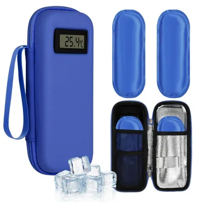Immagine prodotto di Borsa termica per insulina con 2 ghiaccio-gel, borsa per diabetici con indicatore di temperatura, piccola, colore blu, dimensioni 21,5 x 9 x 6 cm