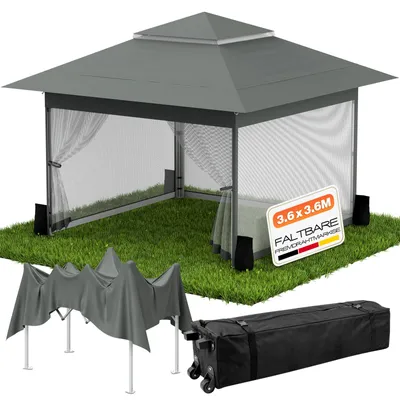 Produktbild von Arvioo Pop Up Pavillon 3,6x3,6 Wasserdicht Stabil, Faltpavillon Garten mit 4 Moskitonetz Seitenteilen, Höhenverstellbar Gartenpavillon, Anthrazit