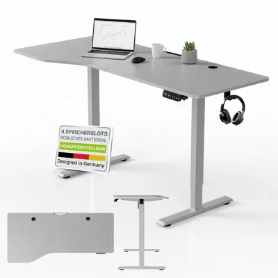 A gray height-adjustable desk with a laptop, mug, plant, and headphones on it, shown from a slightly elevated angle. Several smaller images of desk components are also included.