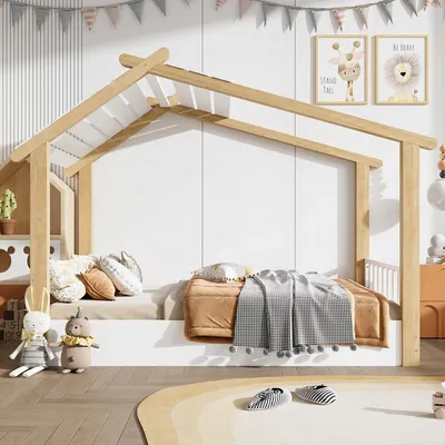 Immagine prodotto di Letto per bambini Merax 90x190 cm, letto a casetta in legno con rete a doghe stabile, design semplice, letto singolo robusto in pino+tessuto+MDF, bianco+natura