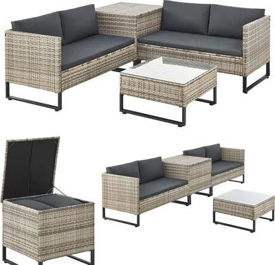 Produktbild von Juskys Polyrattan Lounge Santorini - Sitzecke mit Beistelltisch & Auflagenbox - Grau